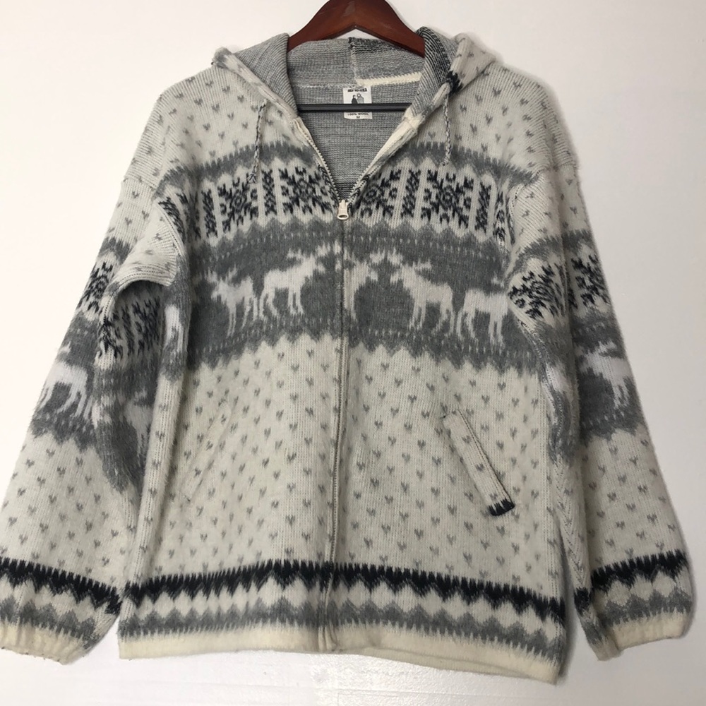 Tejidos Aly Marka 100% Wool Soft Hooded Sweater Jacket Moose Design M